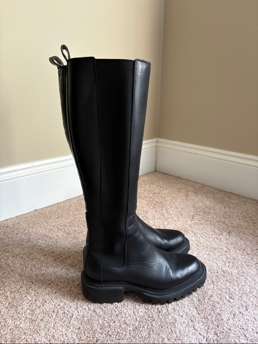 AllSaints Maeve Black Leather Knee High Lug Sole Boots Size 37 designer comfy - Picture 3 of 11